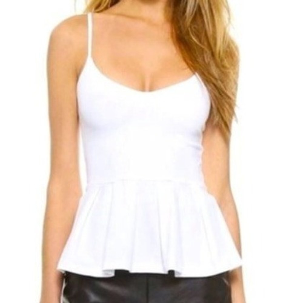 SUSANA MONACO Casey Pleated Peplum Cami Top White Minimalist Luxury Preppy Sz S‎